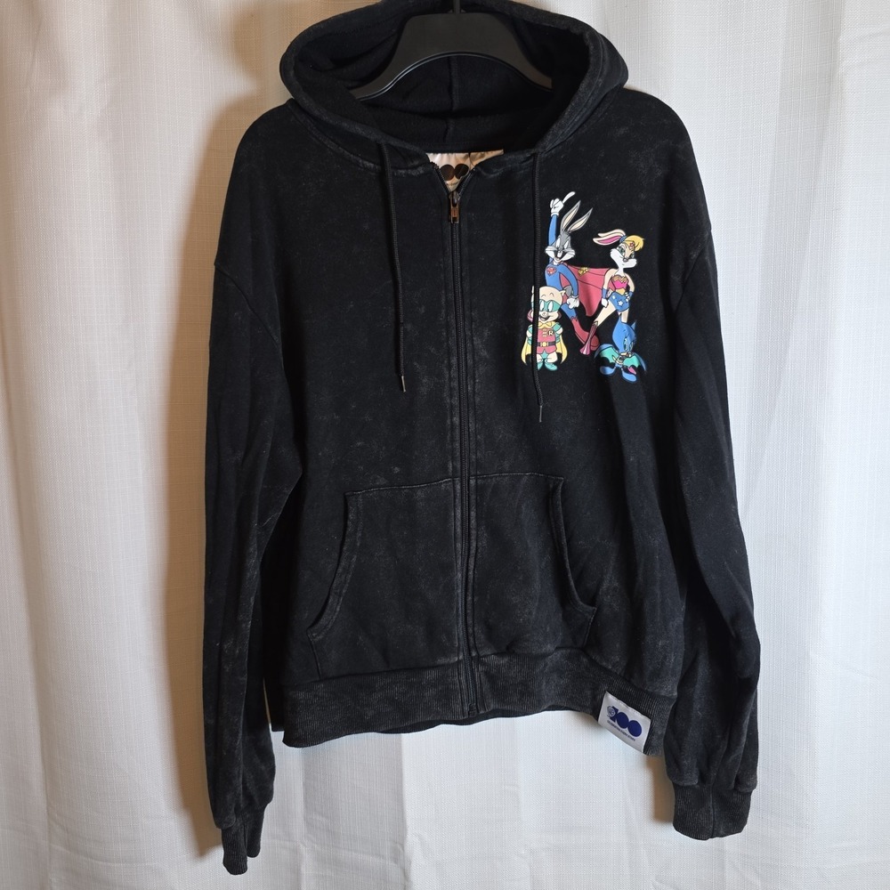 Warner Brothers Loonie Tunes Zip Up Sweatshirt Hoodie Black Wash Size L Grunge